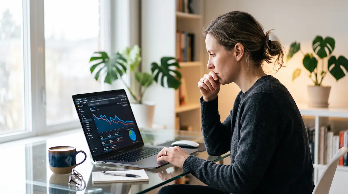 Geschäftsinhaber analysiert Website-Traffic-Daten auf einem Laptop-Bildschirm