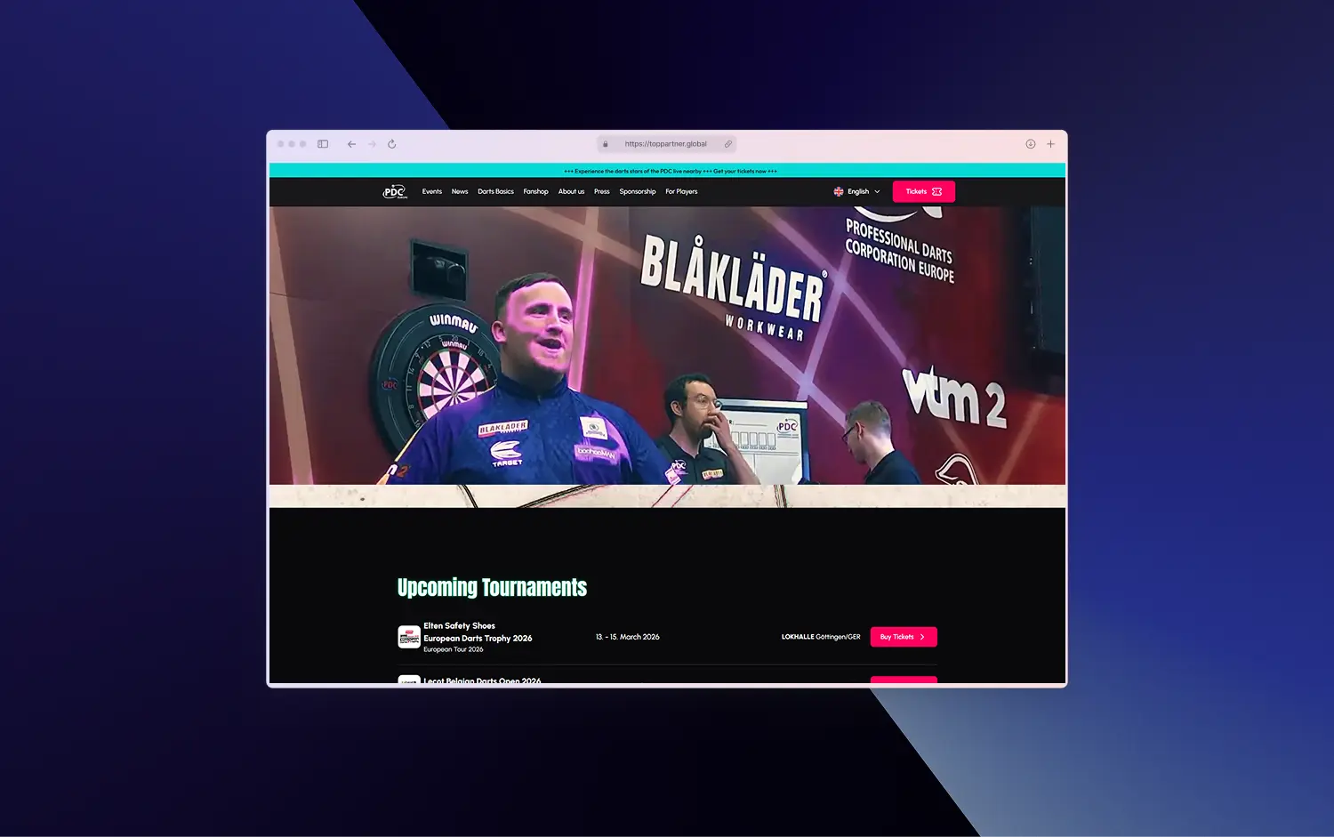 PDC Europe Website – Webentwicklung von CBachleitner